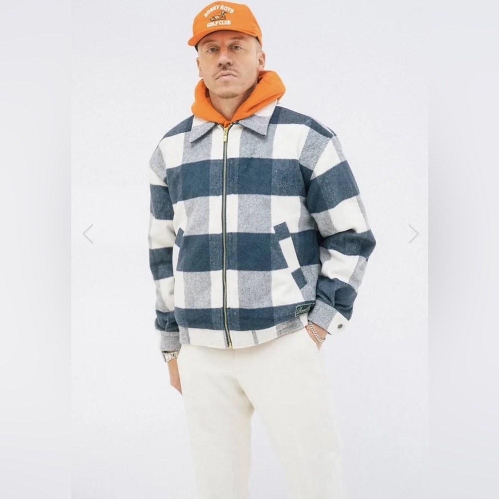 Bogey Boys Blue& White Buffalo Plaid Wool Zip Jacket Size LG
